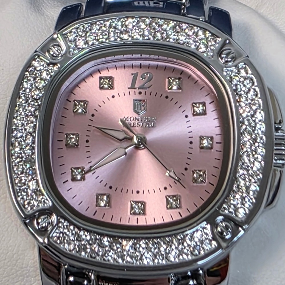 Montres Prestige Pink Dial Crystal Bezel Silver Tone Watch MPW-0191 New